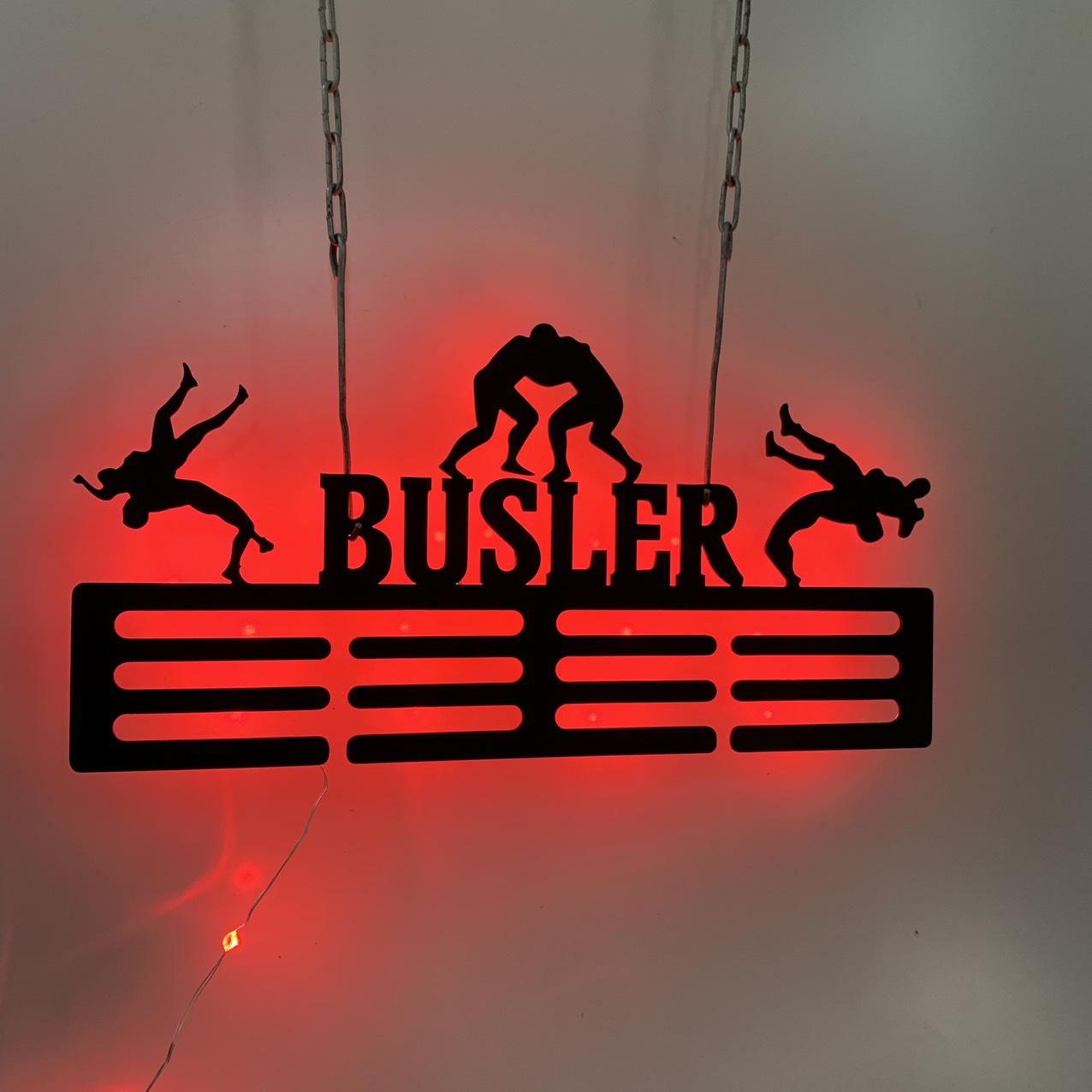 Custom Wrestling Medal Hanger With Led Lights, Sports Medal Holder Display Rack For Awards Ribbons, Tiered Award Rack Wrestler Metal Name Sign