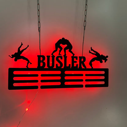 Custom Wrestling Medal Hanger With Led Lights, Sports Medal Holder Display Rack For Awards Ribbons, Tiered Award Rack Wrestler Metal Name Sign