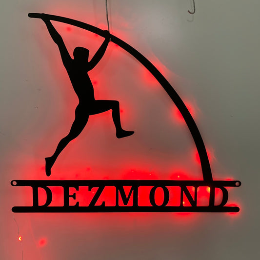 Custom Man Pole Vault Metal Wall Art Led Light, Personalized Pole Vaulting Metal Name Sign, Pole Jumping Athletics Sport Metal Wall Led Sign