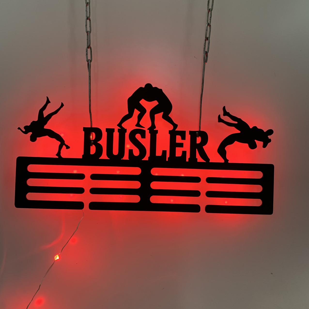 Custom Wrestling Medal Hanger With Led Lights, Sports Medal Holder Display Rack For Awards Ribbons, Tiered Award Rack Wrestler Metal Name Sign