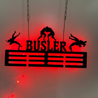 Custom Wrestling Medal Hanger With Led Lights, Sports Medal Holder Display Rack For Awards Ribbons, Tiered Award Rack Wrestler Metal Name Sign