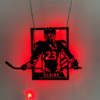 Custom Hockey Metal Wall Art With Led Lights, Personalized Hockey Player Metal Name Sign, Ice Hockey Jersey Metal Wall Led Sign