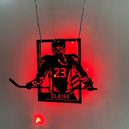 Custom Hockey Metal Wall Art With Led Lights, Personalized Hockey Player Metal Name Sign, Ice Hockey Jersey Metal Wall Led Sign