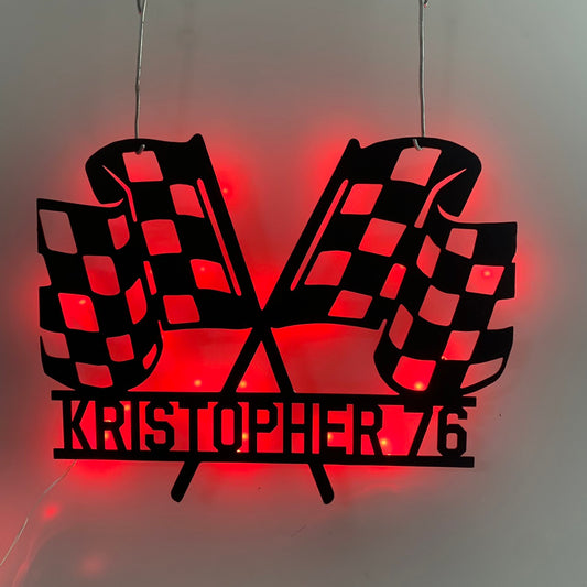 Custom Racing Flag Metal Wall Art With Led Light, Personalized Racing Flag Go Kart Racing Metal Sign, Man Cave Garage Metal Wall Sign