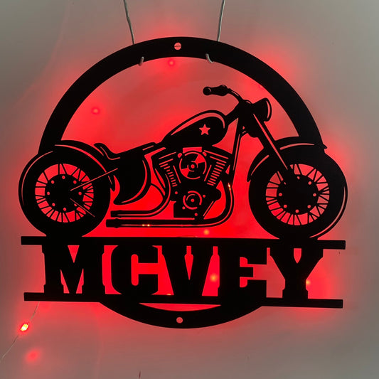 Custom Motorcycle Metal Wall Art With Led Lights, Personalized Motorcycle Biker Metal Name Sign, Motorcycle Garage Man Cave Metal Wall Led Sign