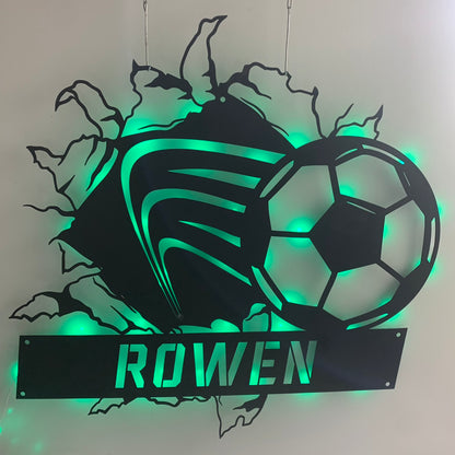 Personalized Soccer Ball Metal Wall Art With Led Light, Custom Soccer Player Metal Name Sign Decoration For Room, Soccer Ball Metal Led Decor