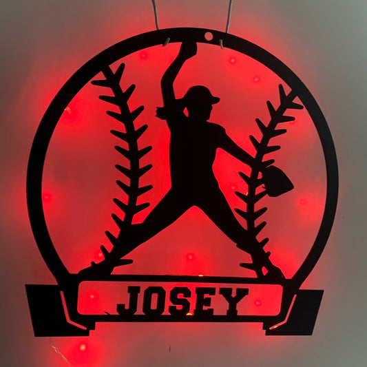 Custom Girl Baseball Metal Wall Art With Led Lights, Personalized Baseball Player Metal Name Sign, Softball Sport Metal Wall Led Decor