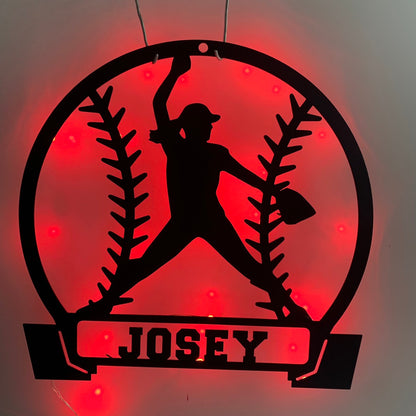 Custom Girl Baseball Metal Wall Art With Led Lights, Personalized Baseball Player Metal Name Sign, Softball Sport Metal Wall Led Decor