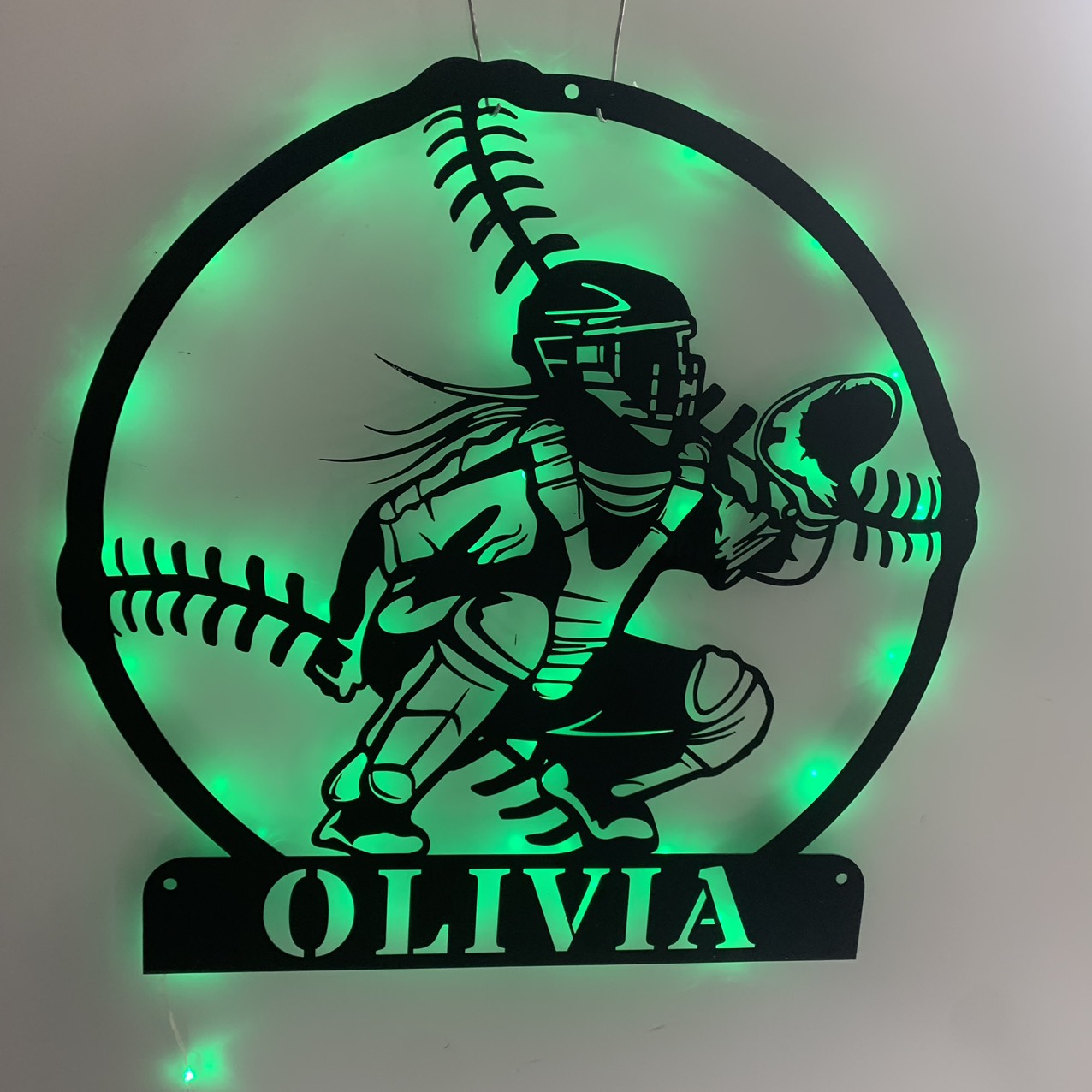 Custom Softball Catcher Metal Wall Art With Led Lights, Personalized Baseball Player Metal Name Sign, Softball Sport Metal Wall Led Sign Decor