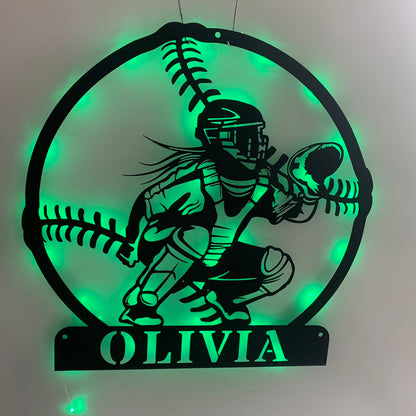 Custom Softball Catcher Metal Wall Art With Led Lights, Personalized Baseball Player Metal Name Sign, Softball Sport Metal Wall Led Sign Decor