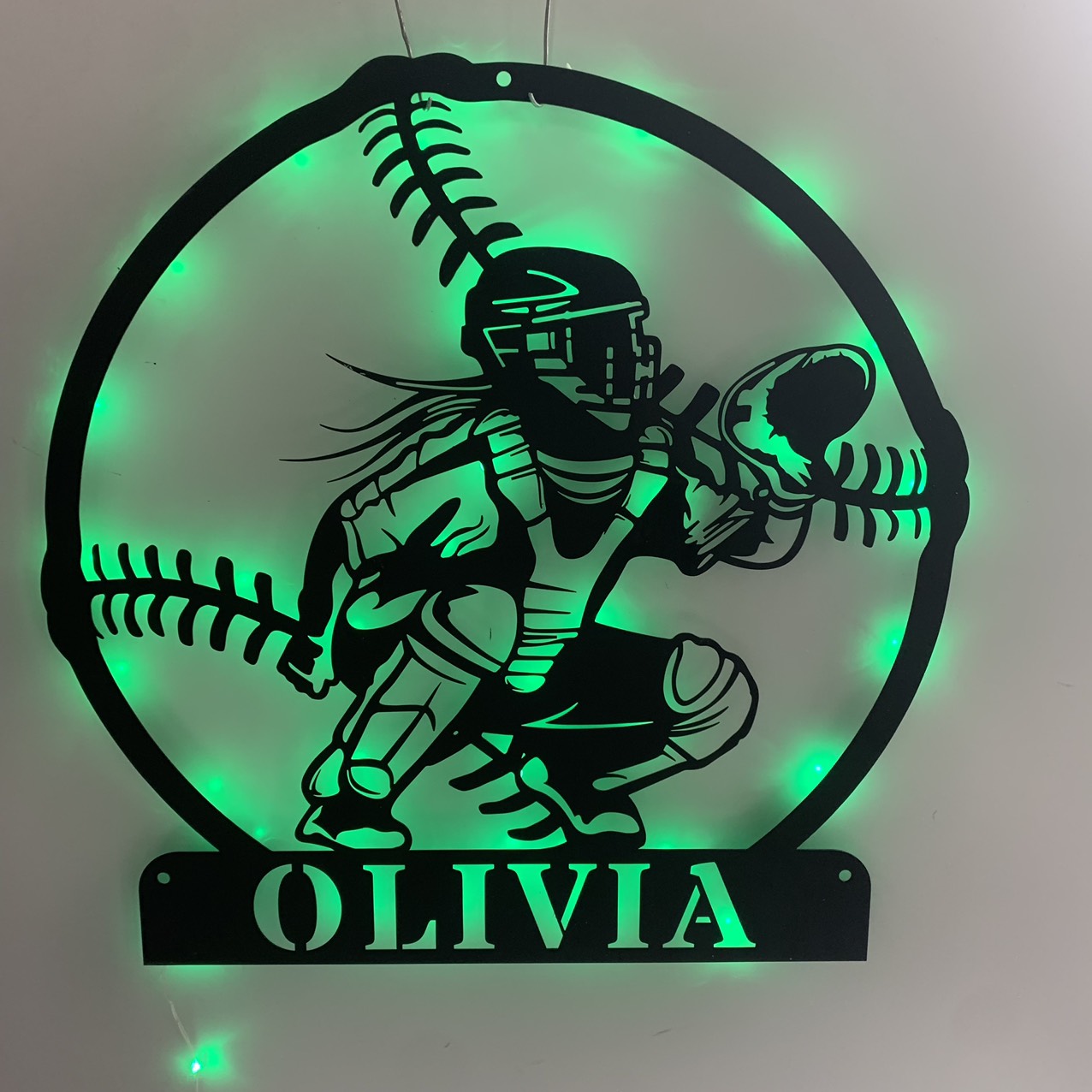 Custom Softball Catcher Metal Wall Art With Led Lights, Personalized Baseball Player Metal Name Sign, Softball Sport Metal Wall Led Sign Decor