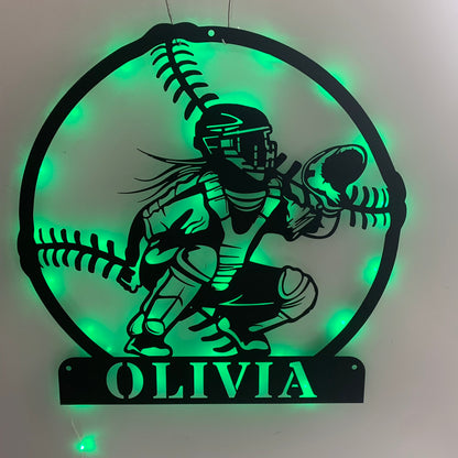 Custom Softball Catcher Metal Wall Art With Led Lights, Personalized Baseball Player Metal Name Sign, Softball Sport Metal Wall Led Sign Decor