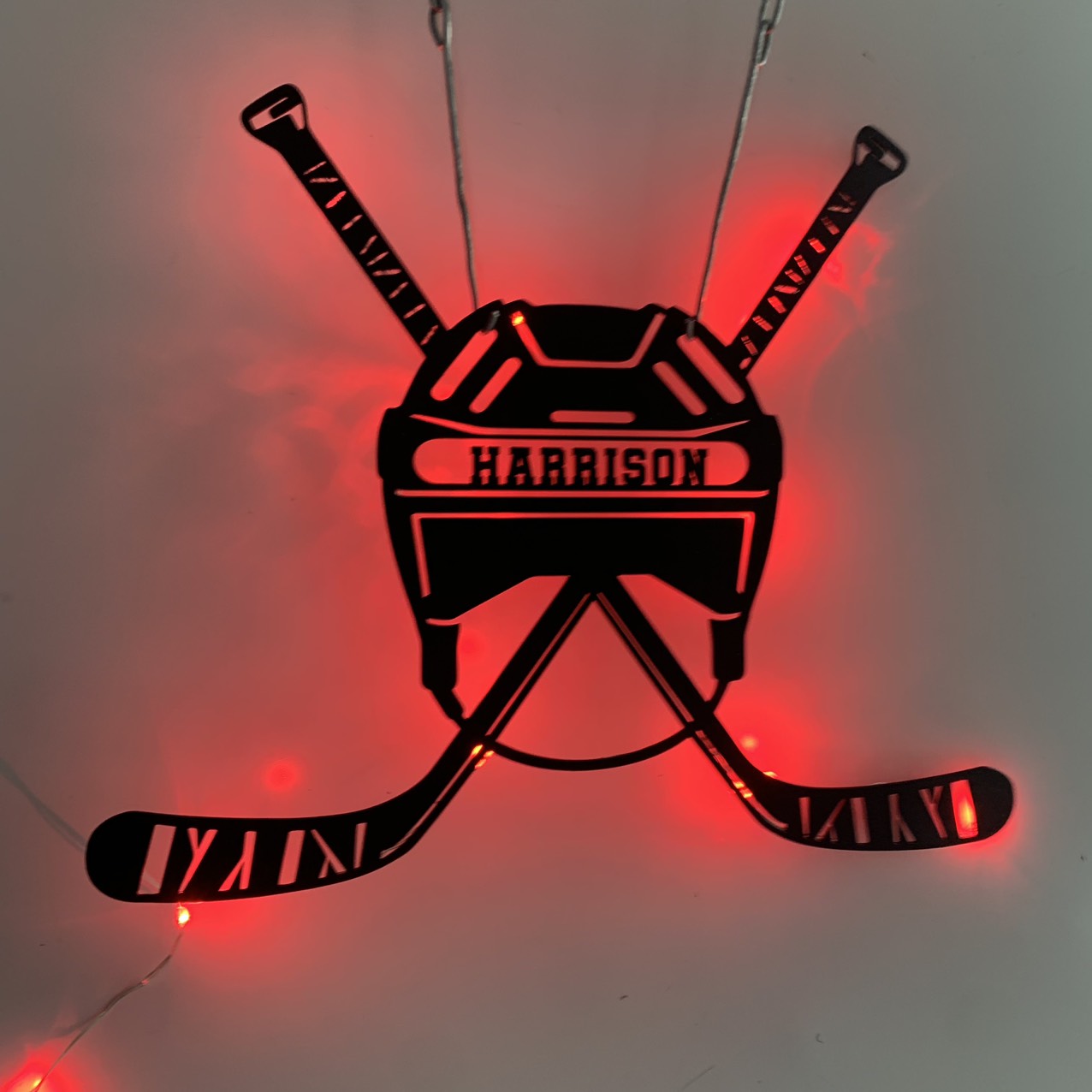 Custom Hockey Stick & Helmet Metal Wall Art Led Light, Personalized Ice Hockey Player Metal Name Sign, Hockey Sport Metal Wall Led Decor