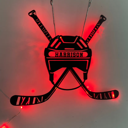 Custom Hockey Stick & Helmet Metal Wall Art Led Light, Personalized Ice Hockey Player Metal Name Sign, Hockey Sport Metal Wall Led Decor