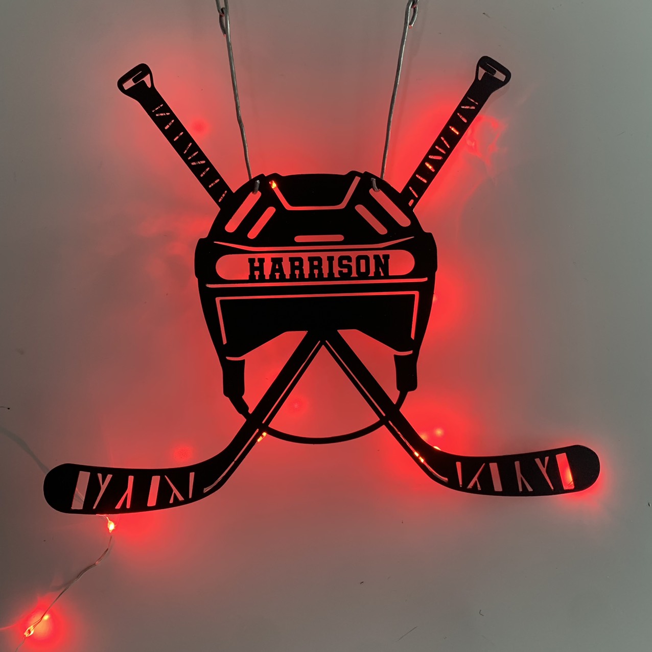 Custom Hockey Stick & Helmet Metal Wall Art Led Light, Personalized Ice Hockey Player Metal Name Sign, Hockey Sport Metal Wall Led Decor