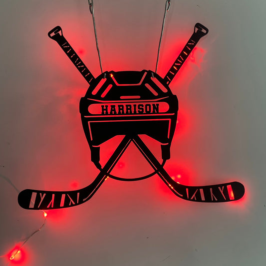 Custom Hockey Stick & Helmet Metal Wall Art Led Light, Personalized Ice Hockey Player Metal Name Sign, Hockey Sport Metal Wall Led Decor