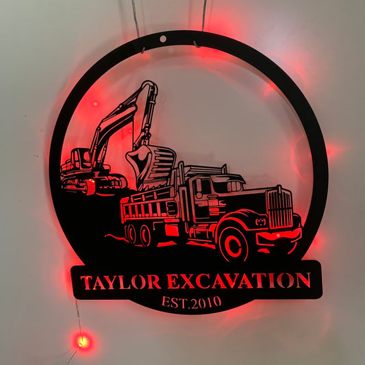 Custom Excavator Metal Wall Art With Led Light, Personalized Excavator Driver Metal Name Sign, Construction Truck Excavator Metal Wall Led Sign