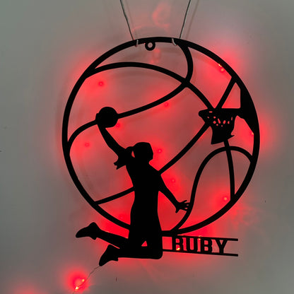 Custom Girl Basketball Metal Wall Art With Led Light, Personalized Basketball Player Metal Name Sign, Basketball Sport Metal Wall Led Decor