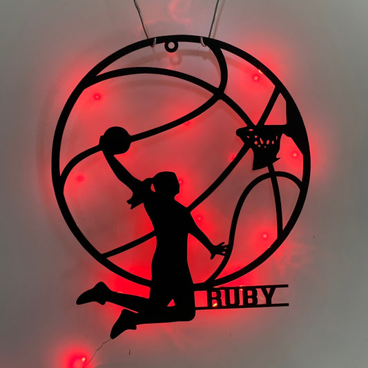 Custom Girl Basketball Metal Wall Art With Led Light, Personalized Basketball Player Metal Name Sign, Basketball Sport Metal Wall Led Decor