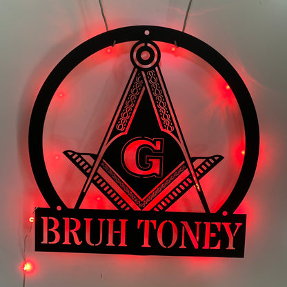 Custom Masonic Square And Compass Metal Wall Art Led Light, Personalized Masonic Metal Name Sign, Freemason Freemasonry Masonic Monogram Metal Sign