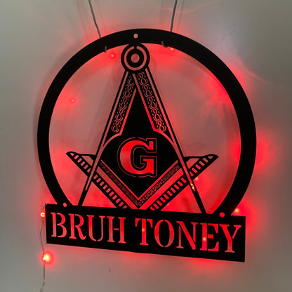 Custom Masonic Square And Compass Metal Wall Art Led Light, Personalized Masonic Metal Name Sign, Freemason Freemasonry Masonic Monogram Metal Sign