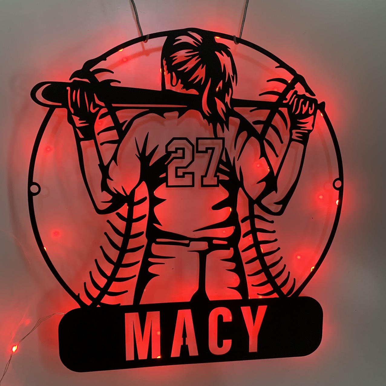 Custom Girl Baseball Metal Wall Art Led Light, Personalized Softball Player Metal Name Sign, Baseball Lovers Kid Nursery Metal Wall Sign