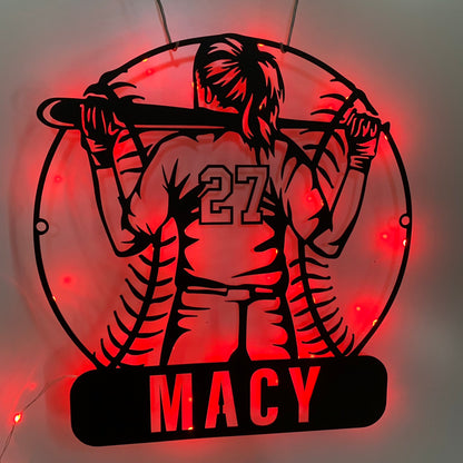 Custom Girl Baseball Metal Wall Art Led Light, Personalized Softball Player Metal Name Sign, Baseball Lovers Kid Nursery Metal Wall Sign