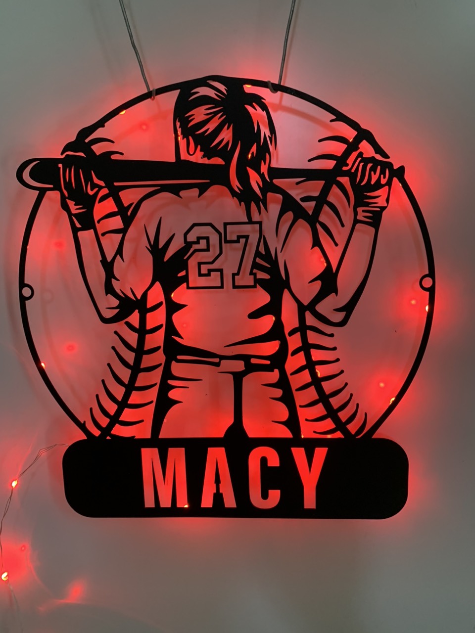 Custom Girl Baseball Metal Wall Art Led Light, Personalized Softball Player Metal Name Sign, Baseball Lovers Kid Nursery Metal Wall Sign