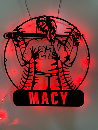 Custom Girl Baseball Metal Wall Art Led Light, Personalized Softball Player Metal Name Sign, Baseball Lovers Kid Nursery Metal Wall Sign