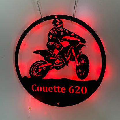 Custom Dirt Bike Metal Wall Art With Led Lights, Personalized Motorcycle Biker Metal Name Sign, Motocross Rider Metal Wall Led Sign Decor