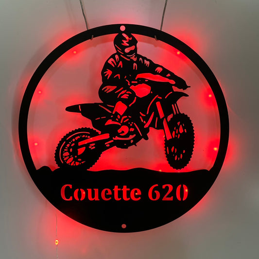 Custom Dirt Bike Metal Wall Art With Led Lights, Personalized Motorcycle Biker Metal Name Sign, Motocross Rider Metal Wall Led Sign Decor