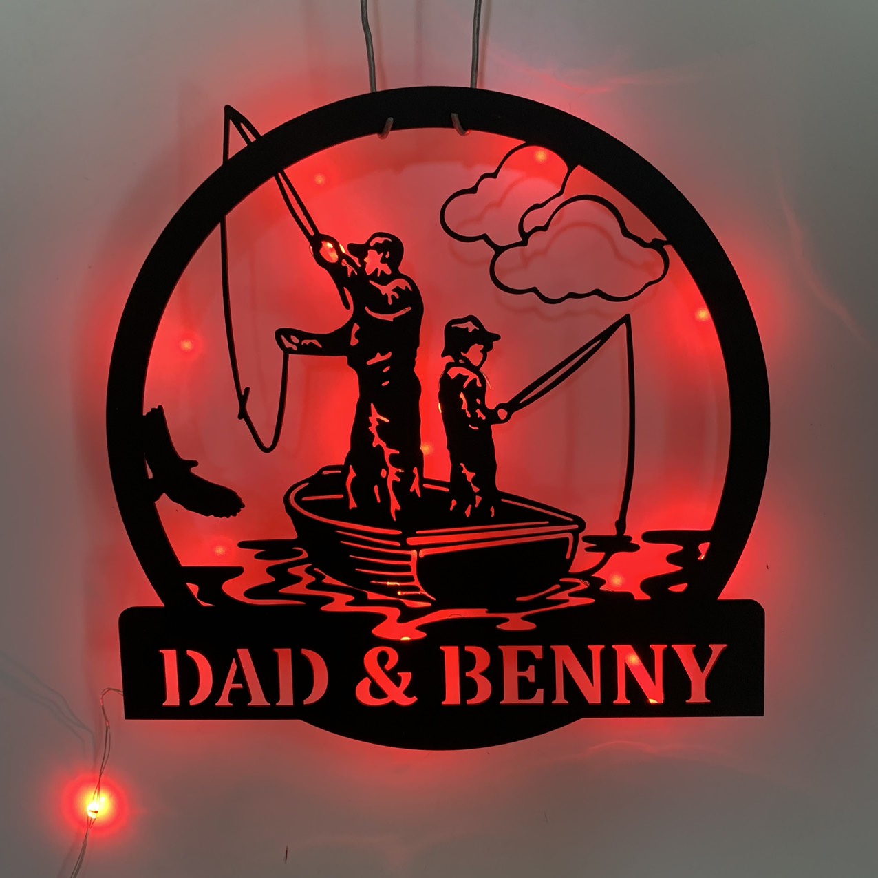 Custom Father Son Fishing Metal Wall Art With Led Light, Personalized Fisherman Metal Name Sign Home Decor, Fishing Dad And Son Metal Wall Sign