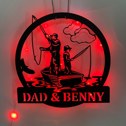 Custom Father Son Fishing Metal Wall Art With Led Light, Personalized Fisherman Metal Name Sign Home Decor, Fishing Dad And Son Metal Wall Sign