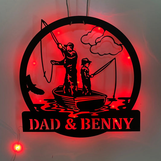 Custom Father Son Fishing Metal Wall Art With Led Light, Personalized Fisherman Metal Name Sign Home Decor, Fishing Dad And Son Metal Wall Sign