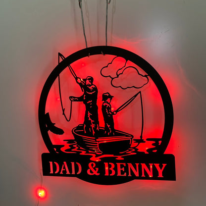 Custom Father Son Fishing Metal Wall Art With Led Light, Personalized Fisherman Metal Name Sign Home Decor, Fishing Dad And Son Metal Wall Sign