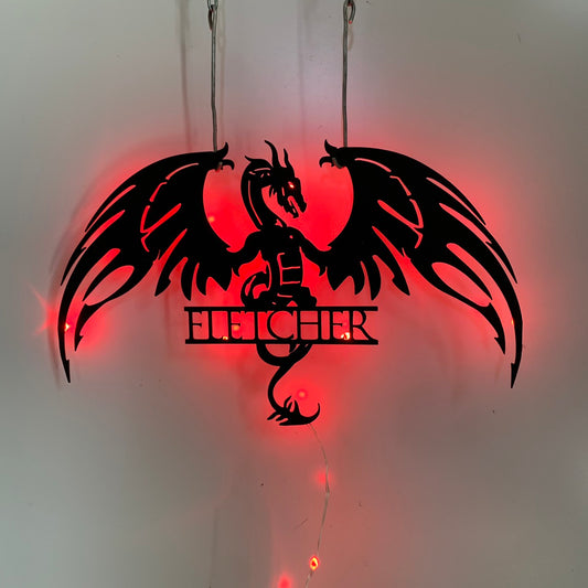 Custom Dragon Metal Sign With Led Lights, Dragon Name Metal Art, Dragon Monogram Metal Wall Decor, Mythical Dragon Metal Wall Hanging