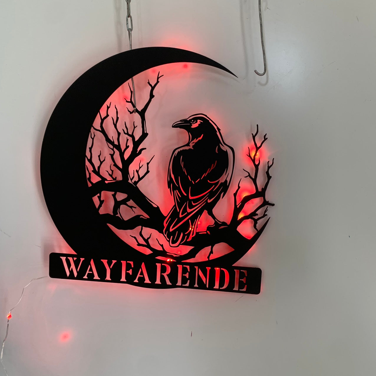 Custom Raven On Crescent Moon Metal Wall Art With Led Light, Personalized Raven Metal Name Sign, Raven Moon Night Metal Wall Led Decor