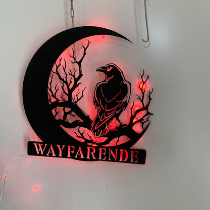 Custom Raven On Crescent Moon Metal Wall Art With Led Light, Personalized Raven Metal Name Sign, Raven Moon Night Metal Wall Led Decor