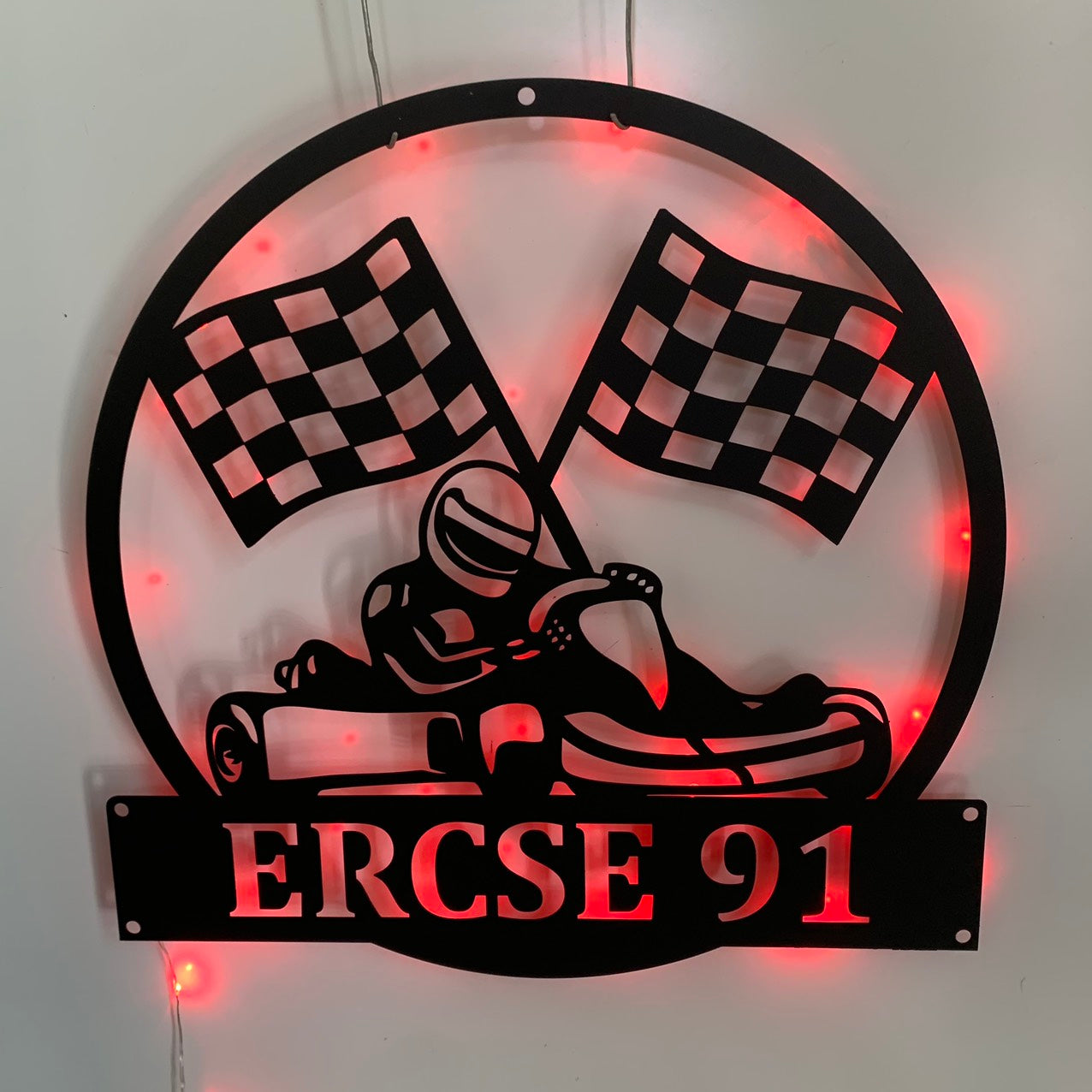 Personalized Racing Metal Wall Art With Led Light, Racing Car Checkered Flag Metal Name Sign, Car Racing Man Cave Garage Metal Wall Sign