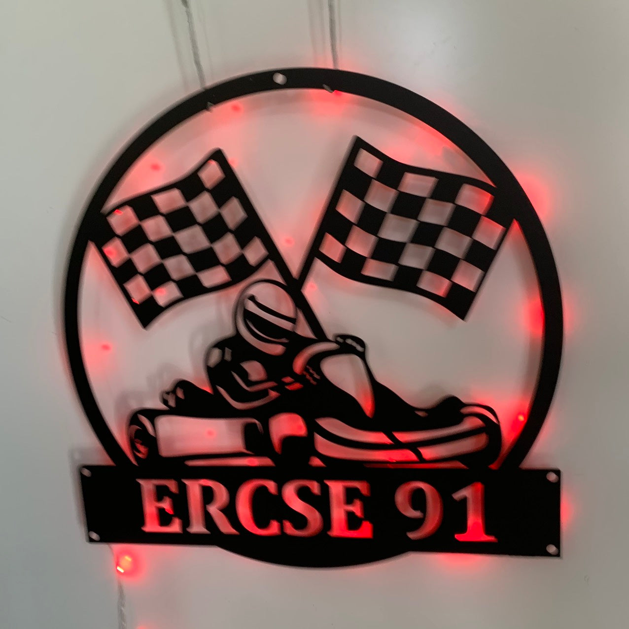 Personalized Racing Metal Wall Art With Led Light, Racing Car Checkered Flag Metal Name Sign, Car Racing Man Cave Garage Metal Wall Sign