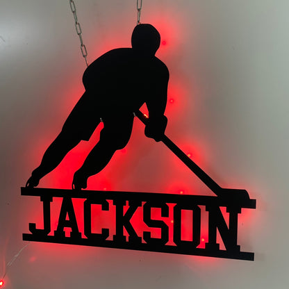 Custom Ice Hockey Metal Wall Art With Led Light, Personalized Hockey Player Metal Name Sign, Hockey Sport Kid Room Metal Wall Decor