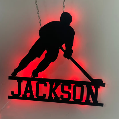 Custom Ice Hockey Metal Wall Art With Led Light, Personalized Hockey Player Metal Name Sign, Hockey Sport Kid Room Metal Wall Decor