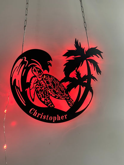 Custom Mandala Sea Turtle Palm Tree Metal Wall Art Led Lights, Personalized Marine Turtle Metal Name Sign, Tropical Beach House Turtle Metal Sign