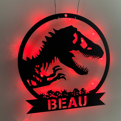 Custom Name Dinosaur Metal Sign With Led Lights, Personalized Name Dino T-rex Metal Wall Art, Dino Tyrannosaurus Kid Room Nursery Metal Led Sign