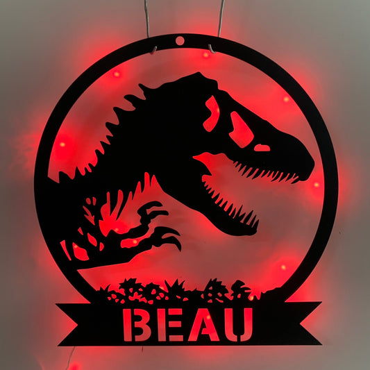 Custom Name Dinosaur Metal Sign With Led Lights, Personalized Name Dino T-rex Metal Wall Art, Dino Tyrannosaurus Kid Room Nursery Metal Led Sign