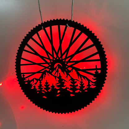 Mountain Bike Metal Wall Art With Led Lights, Bicycle Wheel Mountain Scene Metal Wall Hanging, Mountain Bicycle Man Cave Garage Metal Sign