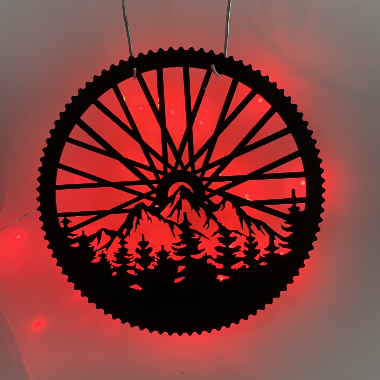 Mountain Bike Metal Wall Art With Led Lights, Bicycle Wheel Mountain Scene Metal Wall Hanging, Mountain Bicycle Man Cave Garage Metal Sign