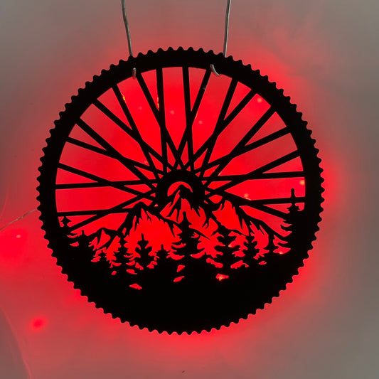 Mountain Bike Metal Wall Art With Led Lights, Bicycle Wheel Mountain Scene Metal Wall Hanging, Mountain Bicycle Man Cave Garage Metal Sign