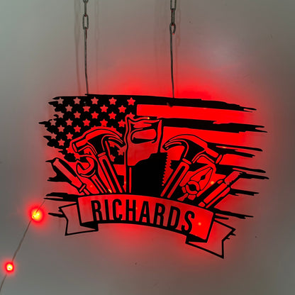 Custom Us Flag Tools Repair Metal Wall Art Led Light, Personalized Mechanic Tools Metal Name Sign, Mechanic Tools Repair Service Wall Led Sign