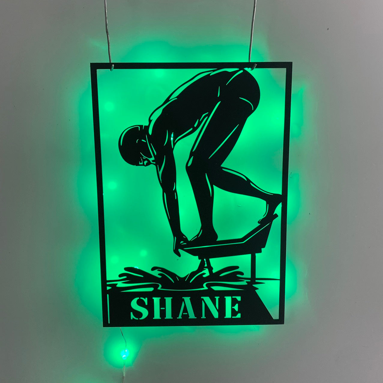 Custom Man Swimming Signage Metal Wall Art With Led Lights, Personalized Swimmer Metal Name Sign, Swimming Coach Metal Wall Led Decor